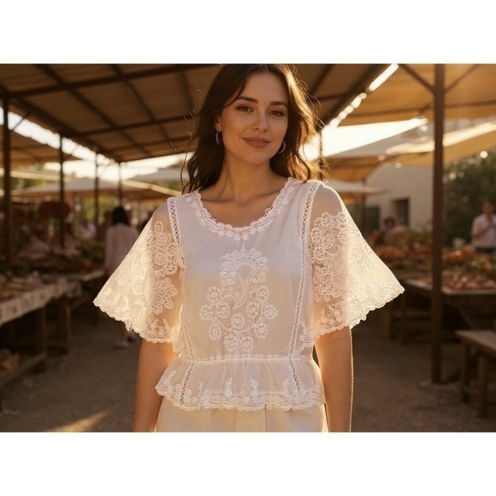 Amber & Skye White Lace Flutter Sleeve Peplum Blouse Top L boho fairy‎ cottage